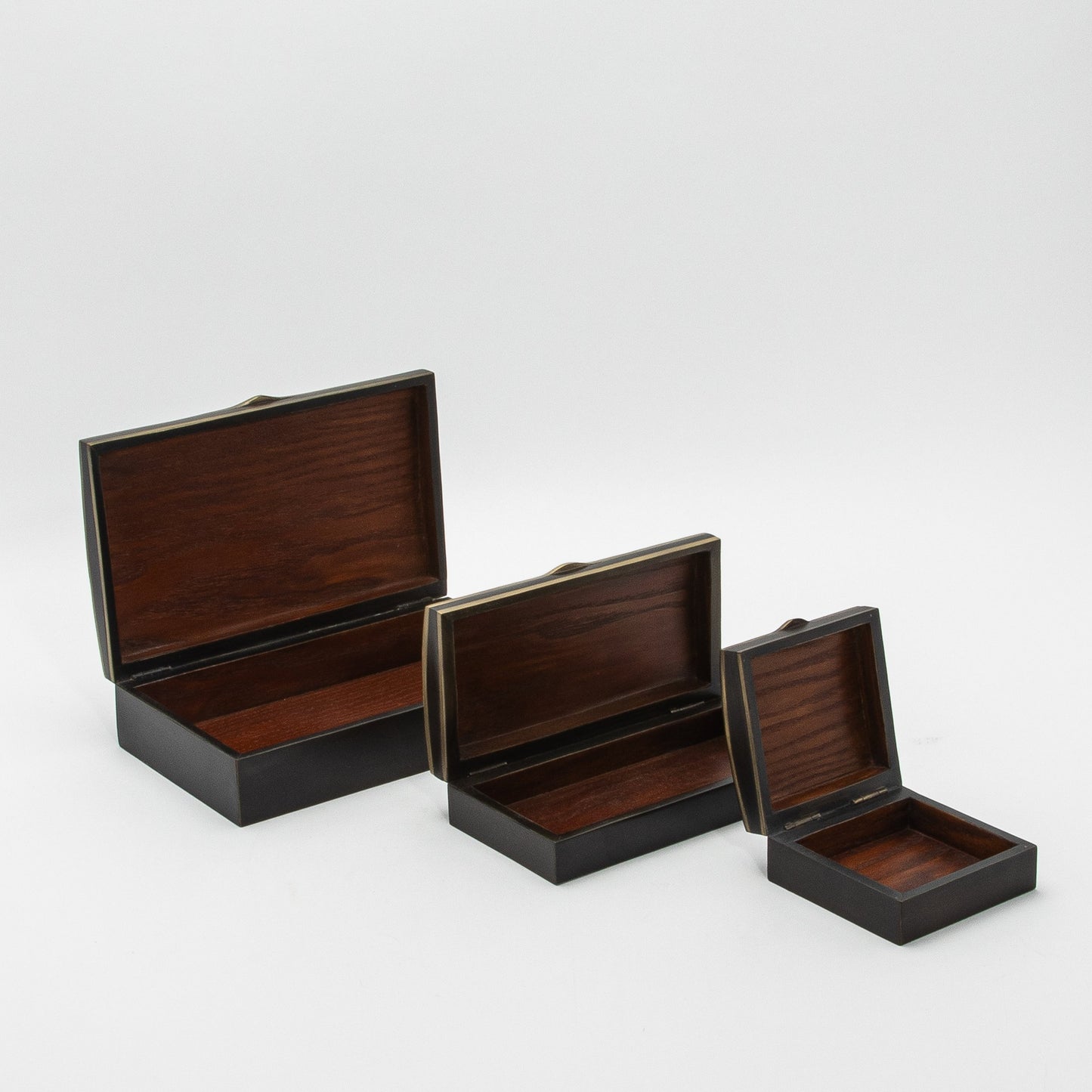 Set of 3 Boxes in Black Oak with Brass Details by R&Y Augousti