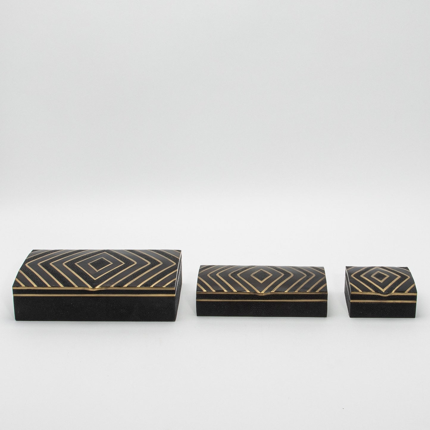 Set of 3 Boxes in Black Oak with Black Shell and Brass Details by R&Y Augousti