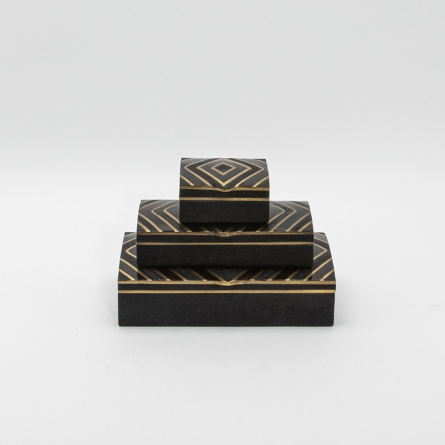 Set of 3 Boxes in Black Oak with Black Shell and Brass Details by R&Y Augousti