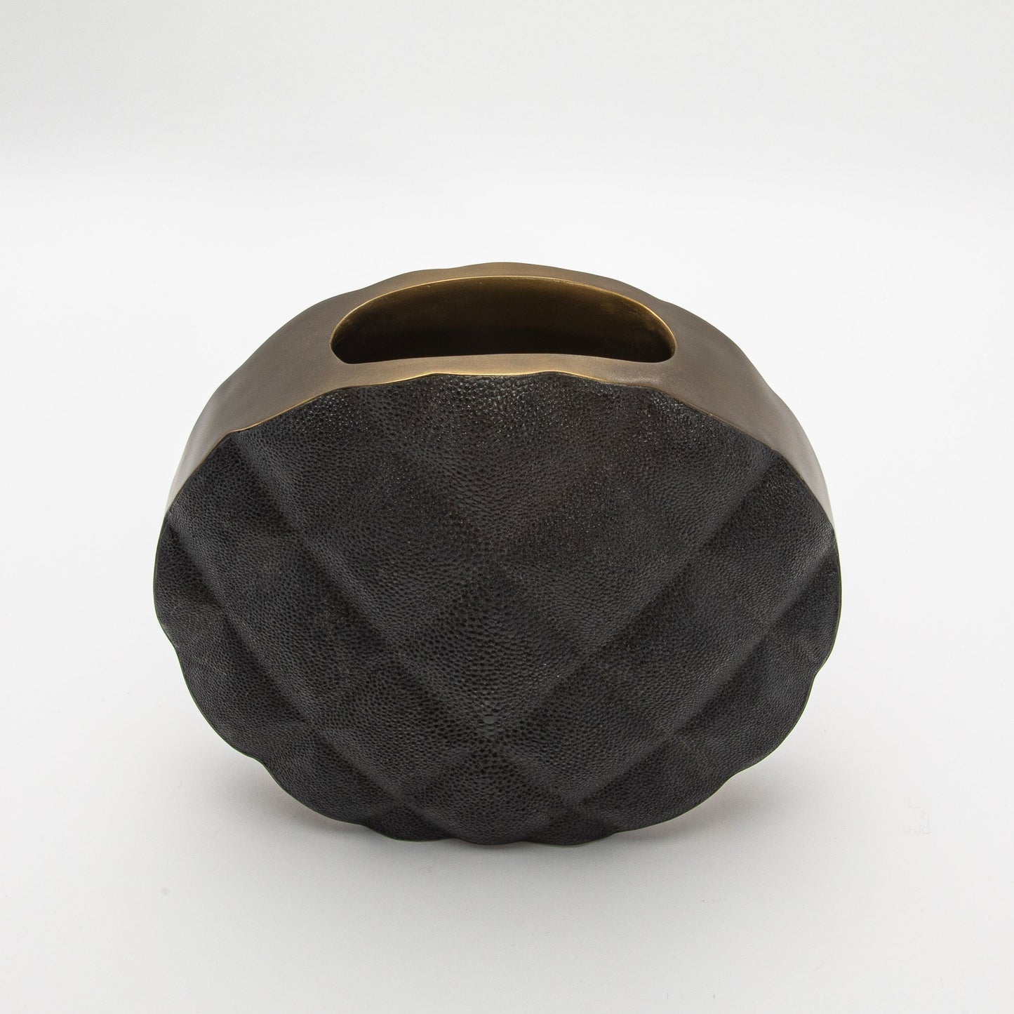 Quilted Vase in Black Shagreen with Brass by KIFU Paris