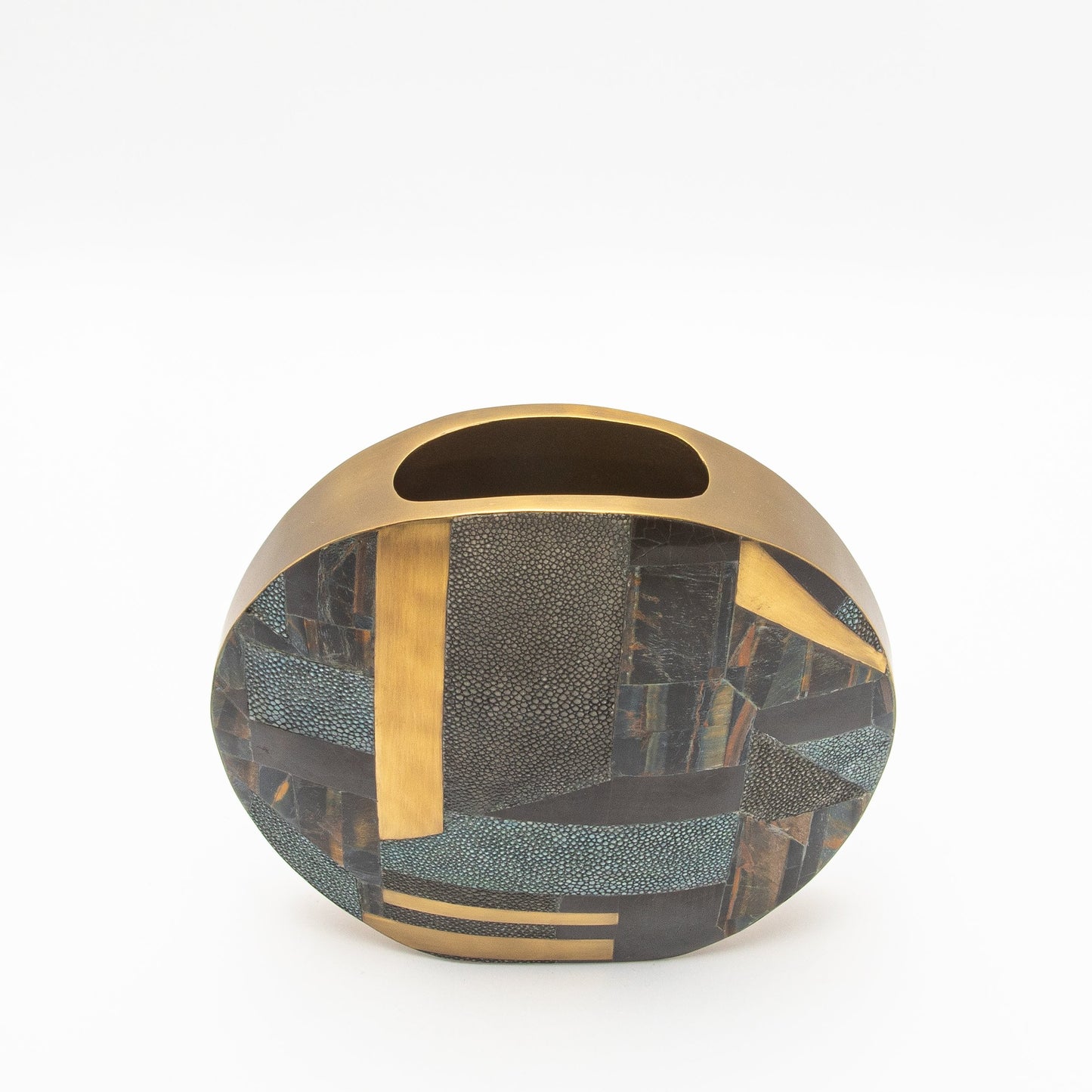 Vase in Grey Shagreen, Tiger Eye, Shell and Brass by R&Y Augousti