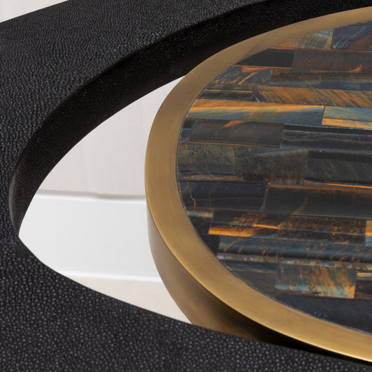 Side Table in Black Shagreen with Tiger Eye Stone Top and Bronze Patina Brass by R&Y Augousti