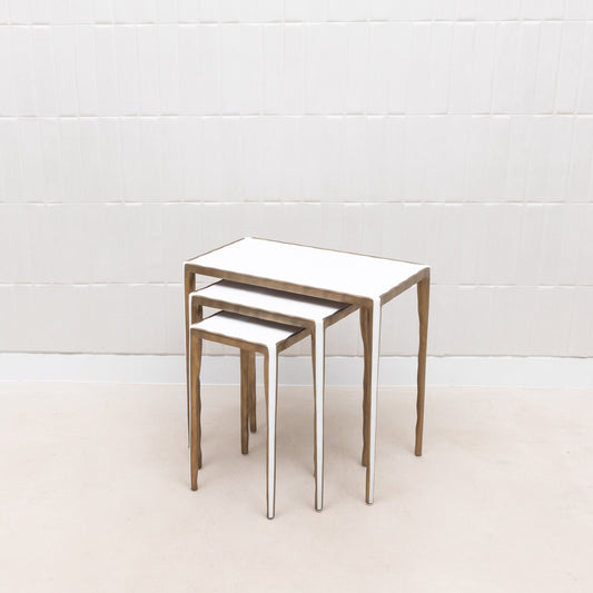 Set of Nesting Tables in White Shagreen with Bronze Patina Brass by R&Y Augousti