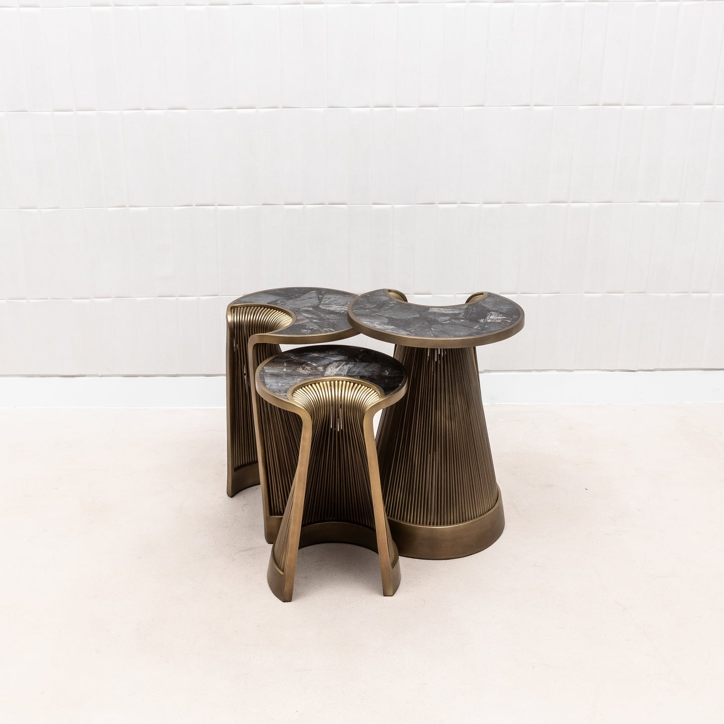 Set of 3 Nesting Tables in Black Quartz with Bronze Patina Brass by R&Y Augousti