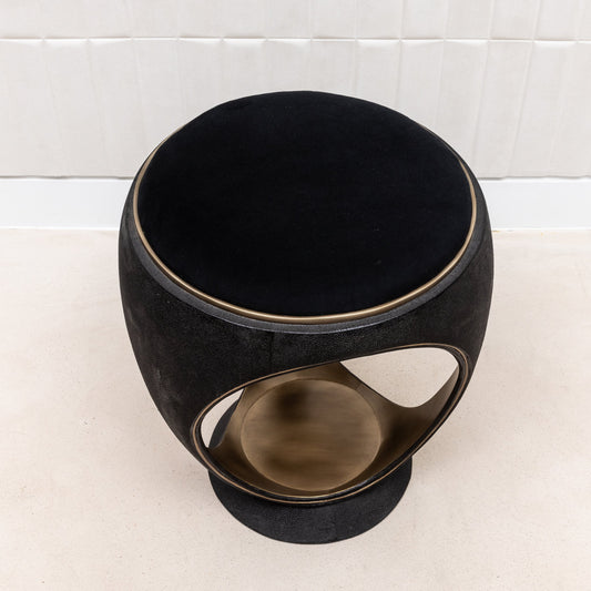 Velvet Upholstered Stool with Black Shagreen and Brass by R&Y Augousti