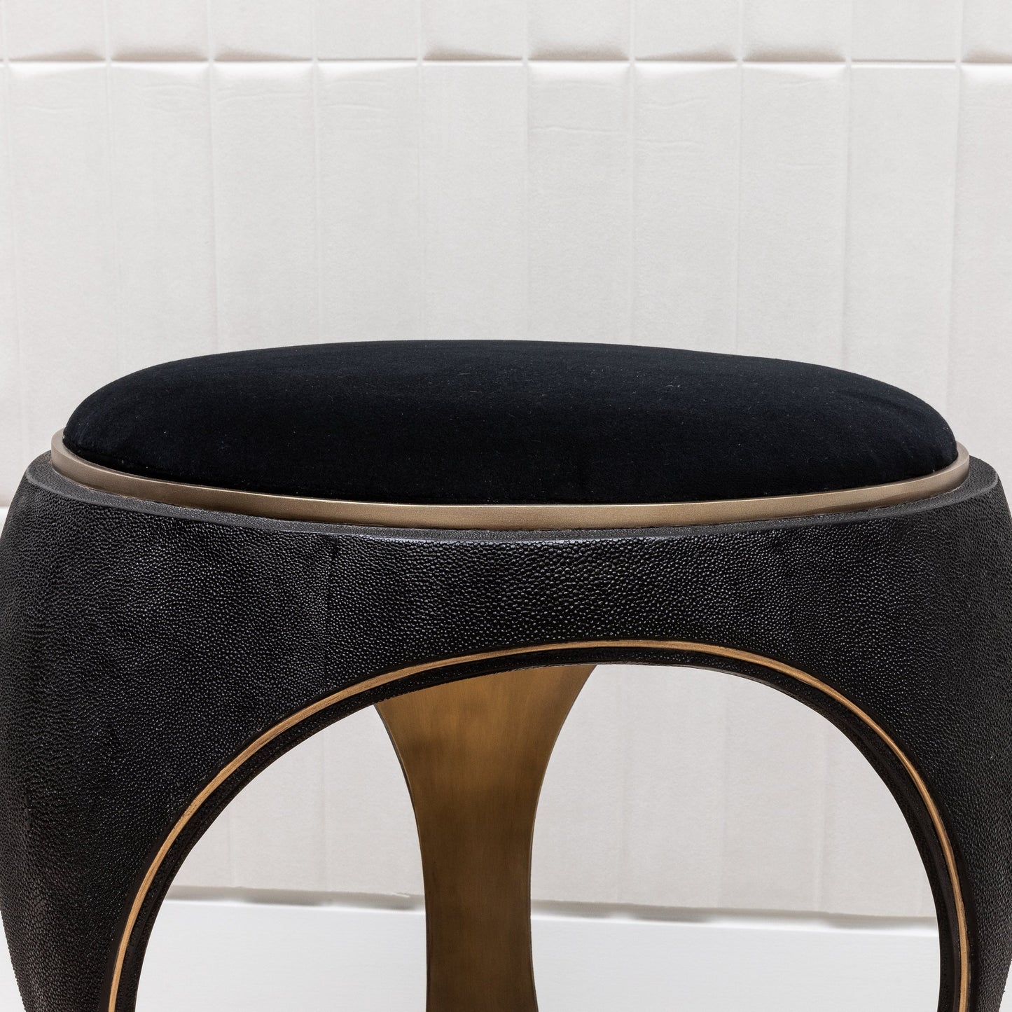 Velvet Upholstered Stool with Black Shagreen and Brass by R&Y Augousti