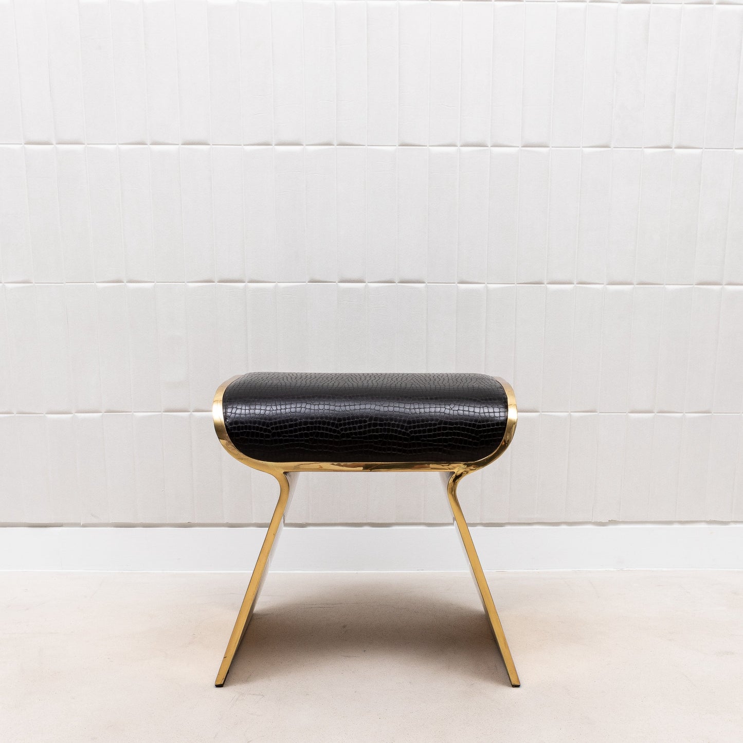 Black Leather Upholstered Stool with Polished Brass by Kifu Paris