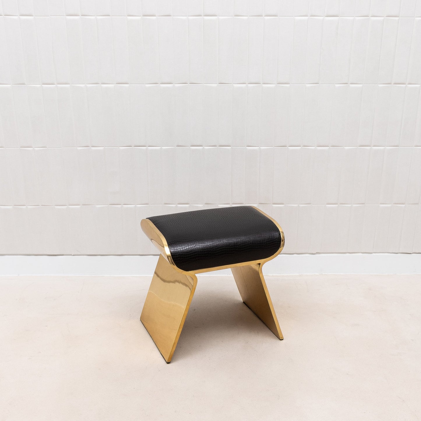 Black Leather Upholstered Stool with Polished Brass by Kifu Paris