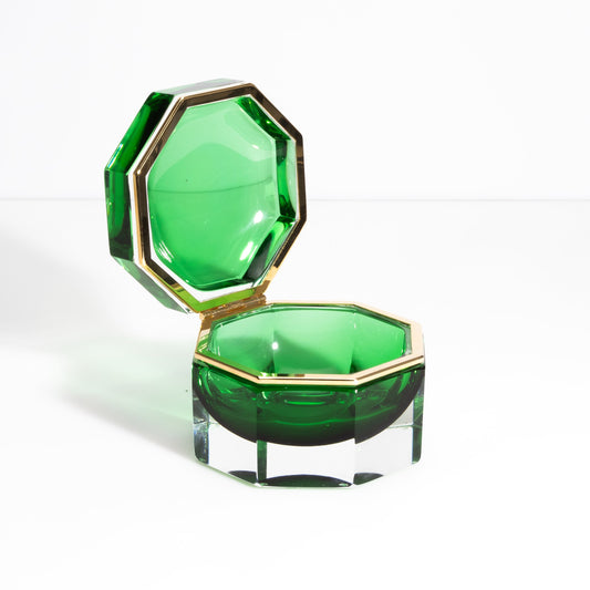 Murano Box Octagonal with Brass Fittings in Emerald Green