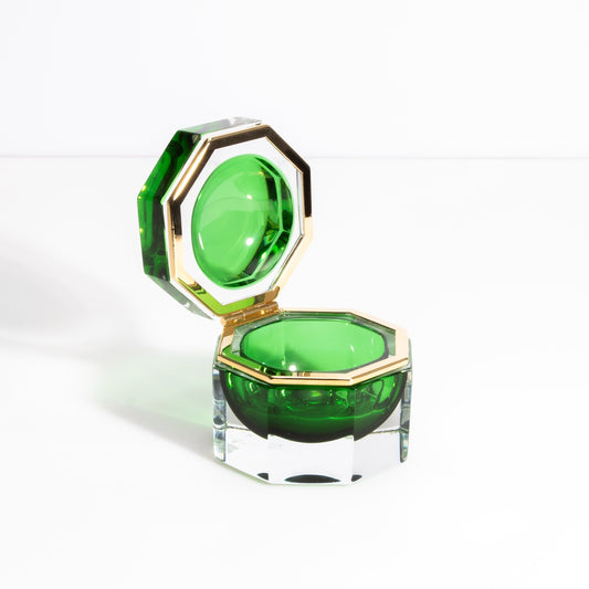 Murano Box Octagonal with Brass Fittings in Emerald Green
