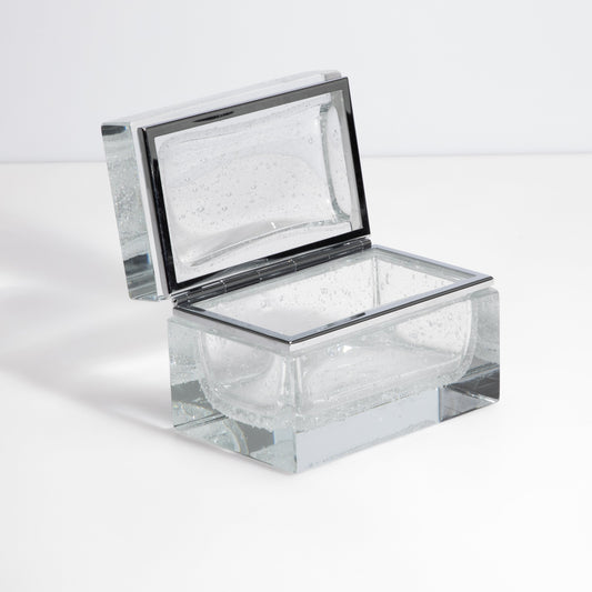 Murano Box with Bubbles and Chrome Fittings in Crystal