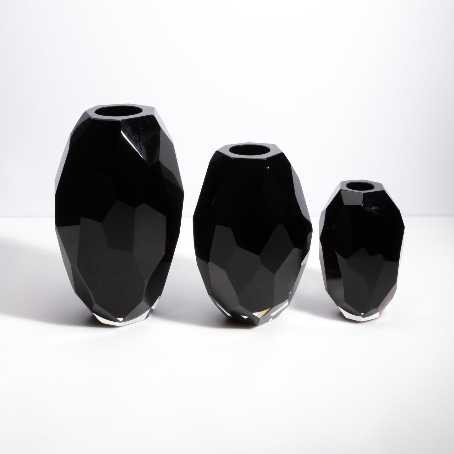 Set of 3 Murano Faceted Vases in Onyx Black