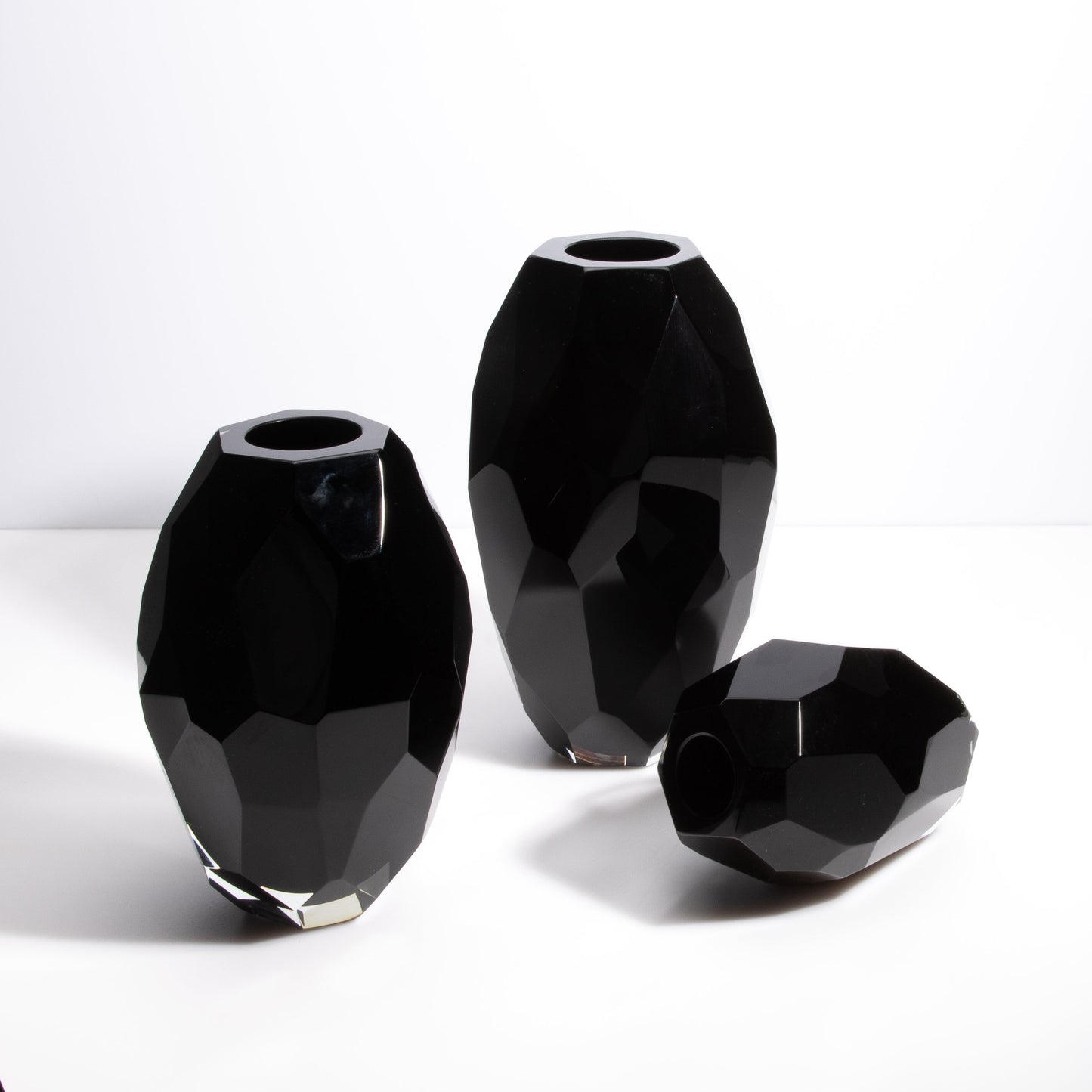Set of 3 Murano Faceted Vases in Onyx Black