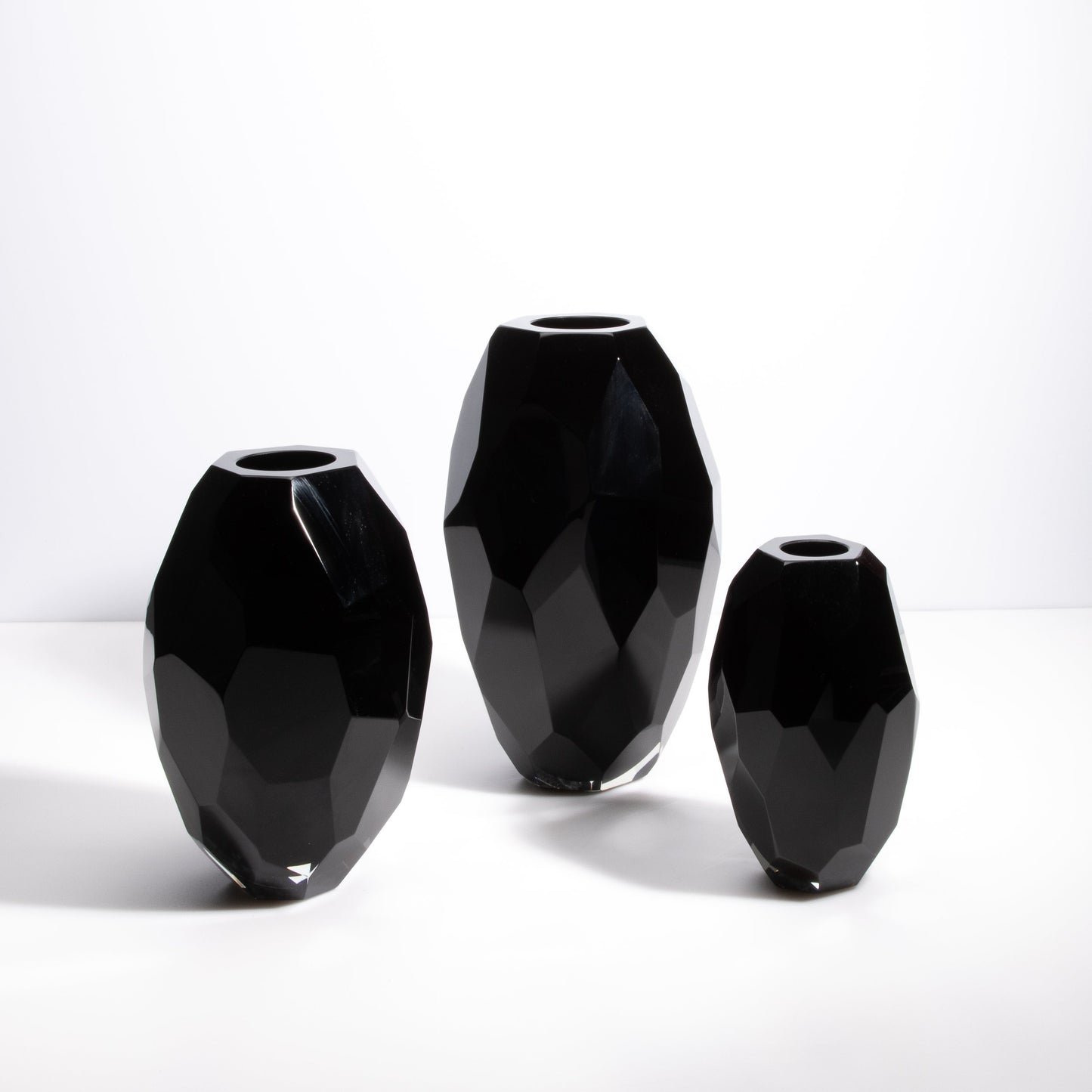 Set of 3 Murano Faceted Vases in Onyx Black
