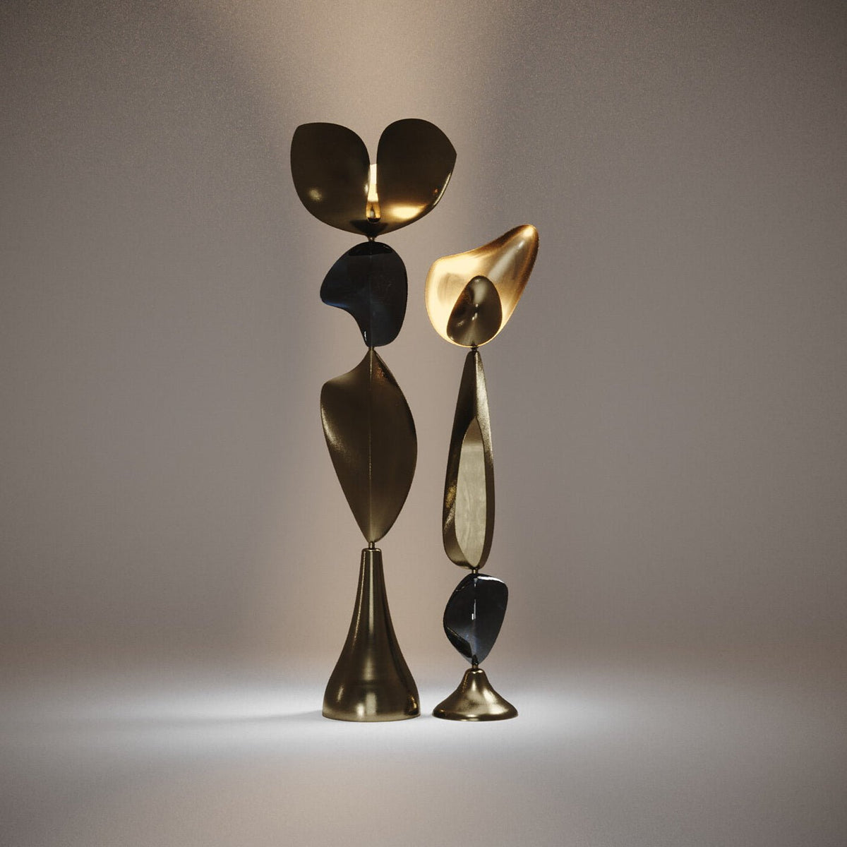Sky & Moon Sculptural Floor Lamps in Brass and Black Shell by KIFU Paris