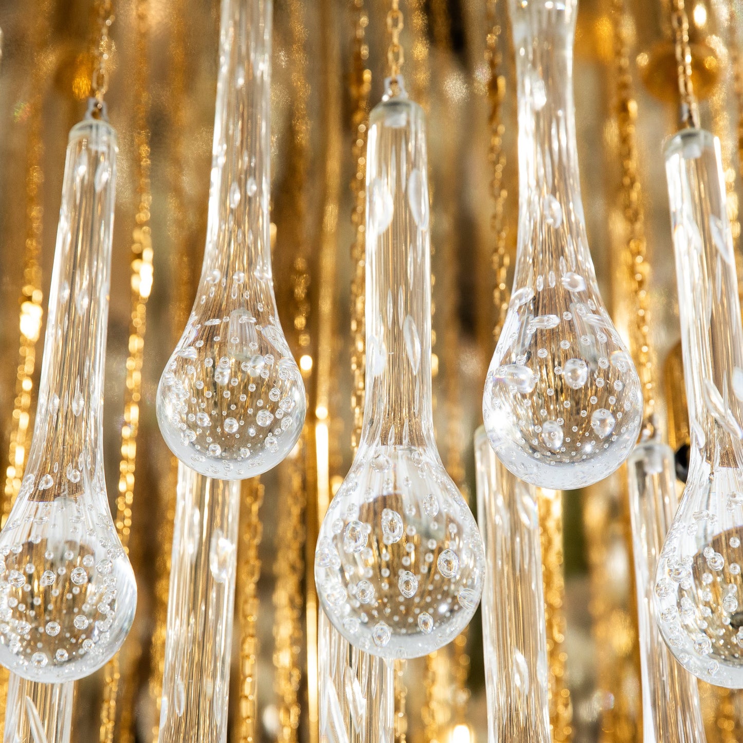 Hand-Blown Murano Raindrop Chandelier in Clear with Polished Brass Fittings