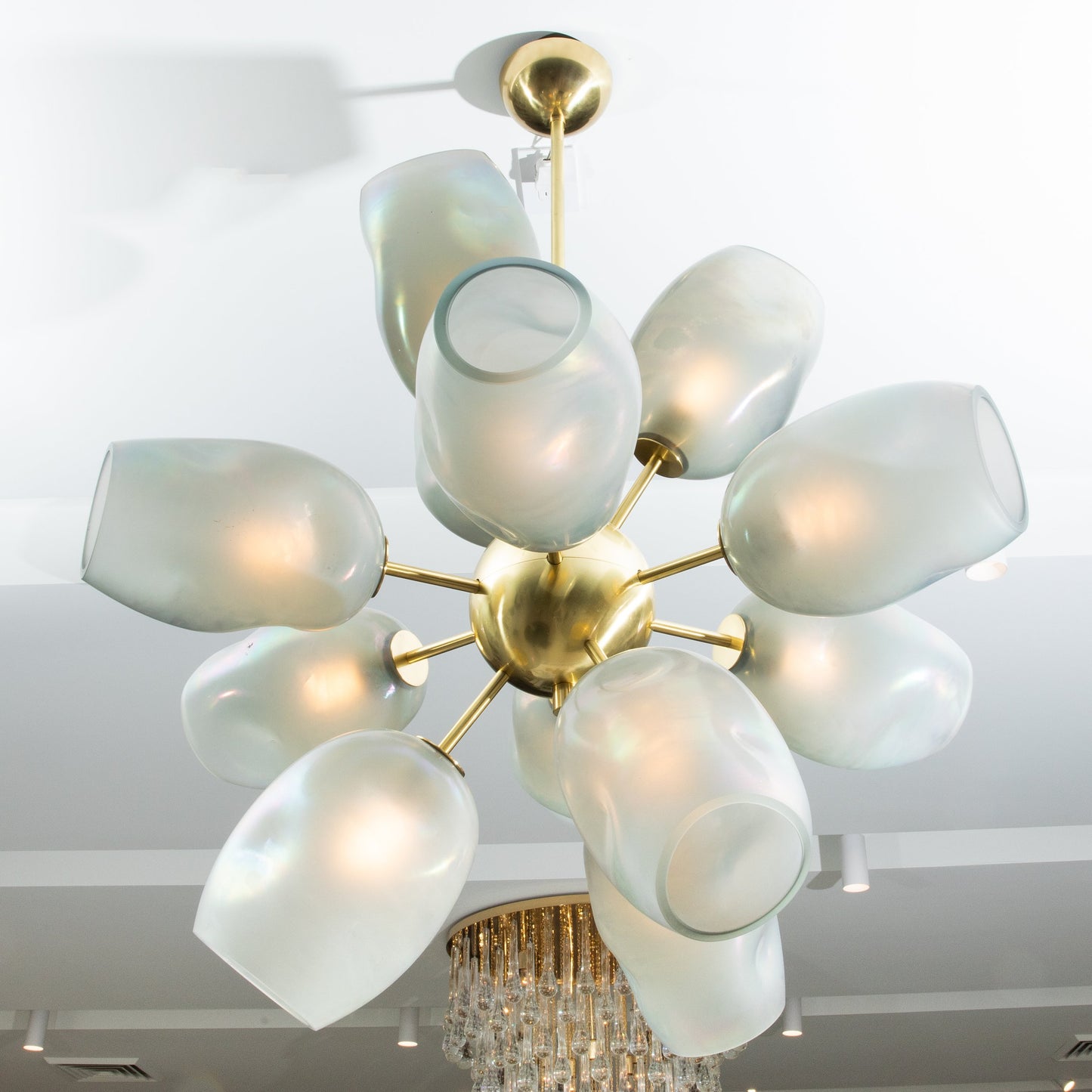 Hand-Blown Murano Helios Chandelier with Dark Grey Smoke Glass and Satin Brass Fittings