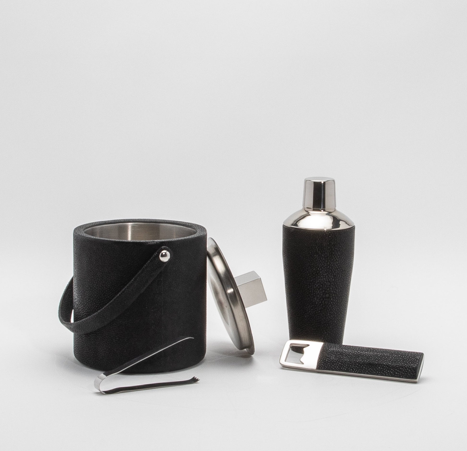 Ice Bucket in Black Shagreen with Stainless Steel by KIFU Paris