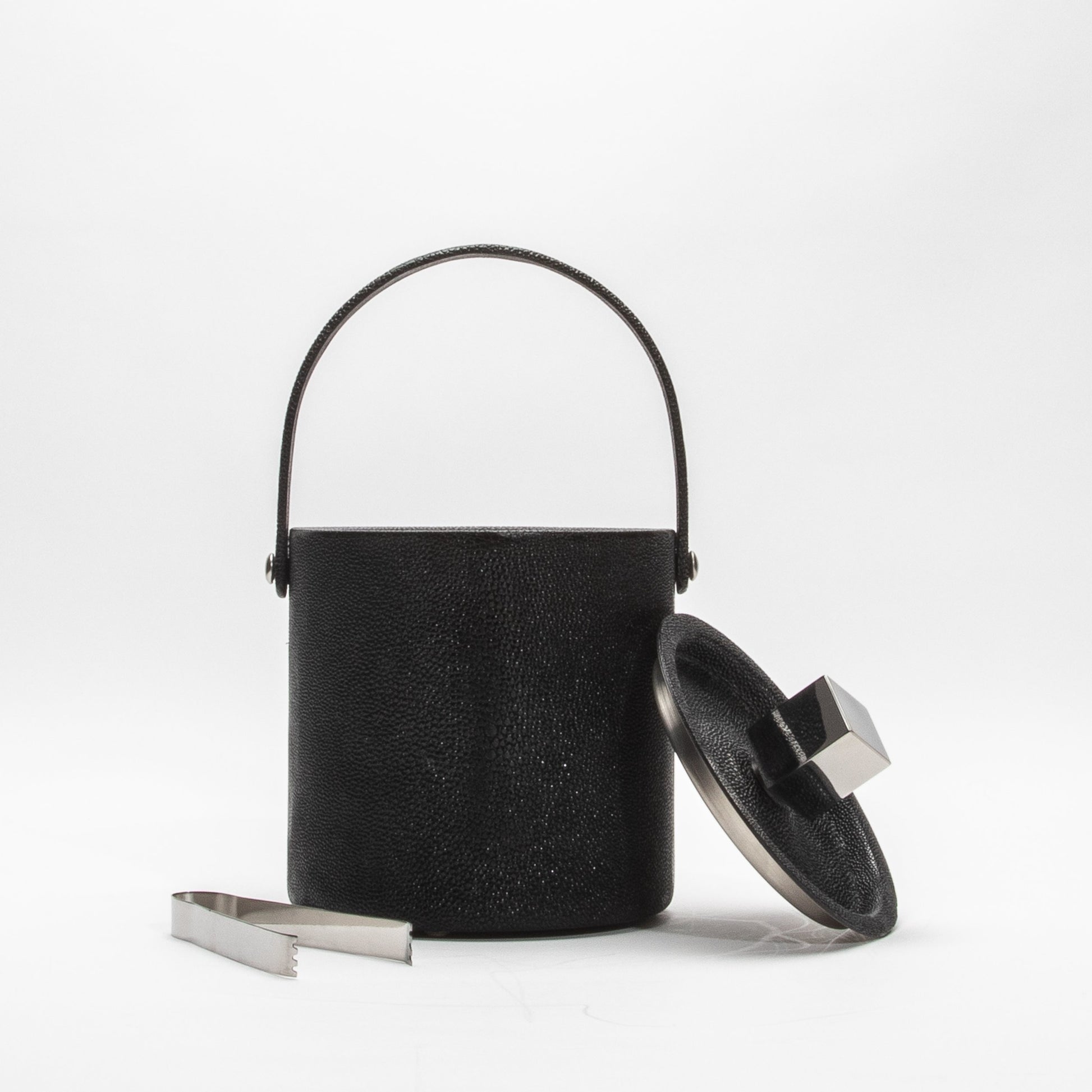 Ice Bucket in Black Shagreen with Stainless Steel by KIFU Paris