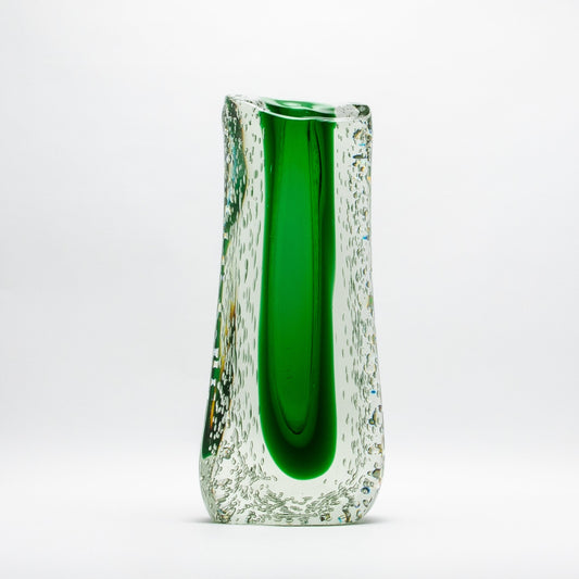 Murano Fluid Vase in Clear with Emerald Green and Bubble Details