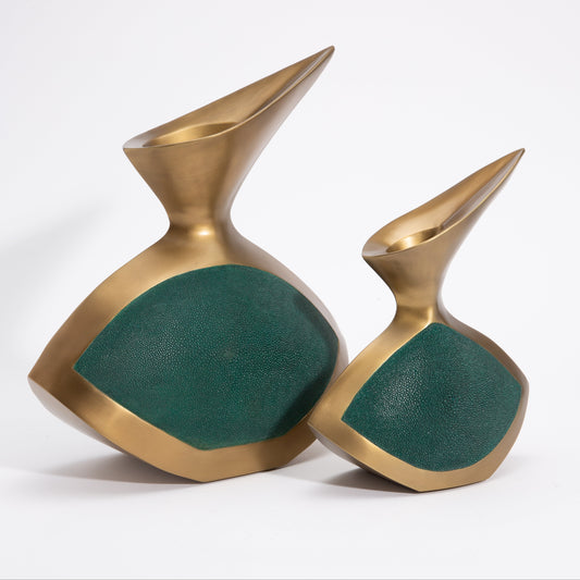 Modern Sculptural Vase in Brass with Emerald Green Shagreen  by R&Y Augousti