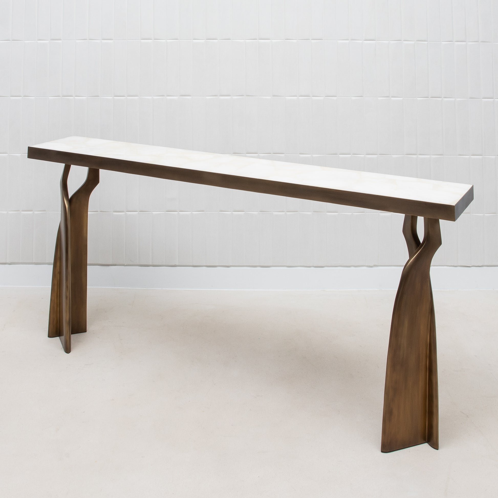 Console in White Quartz with Bronze Patina Brass by Kifu Paris