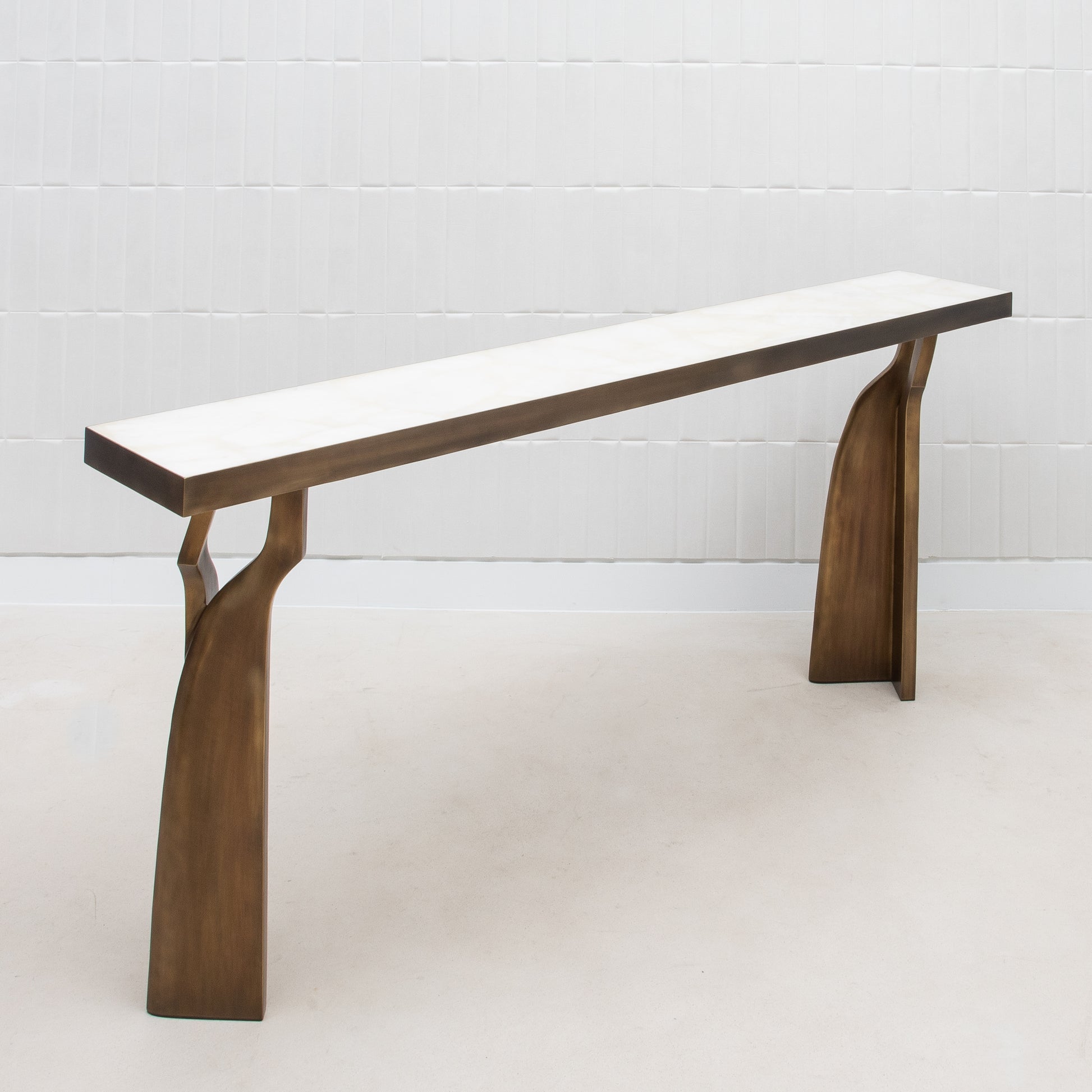 Console in White Quartz with Bronze Patina Brass by Kifu Paris