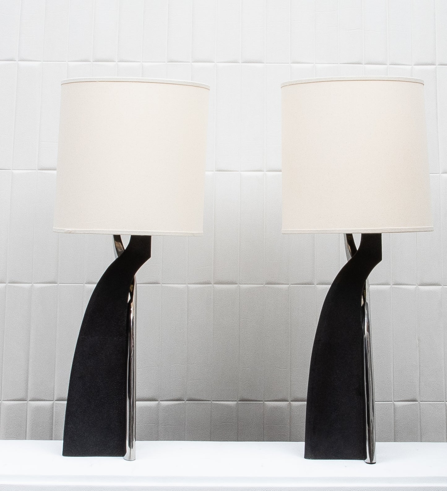 Pair of Modern Lamps in Black Shagreen with Polished Steel by Kifu Paris
