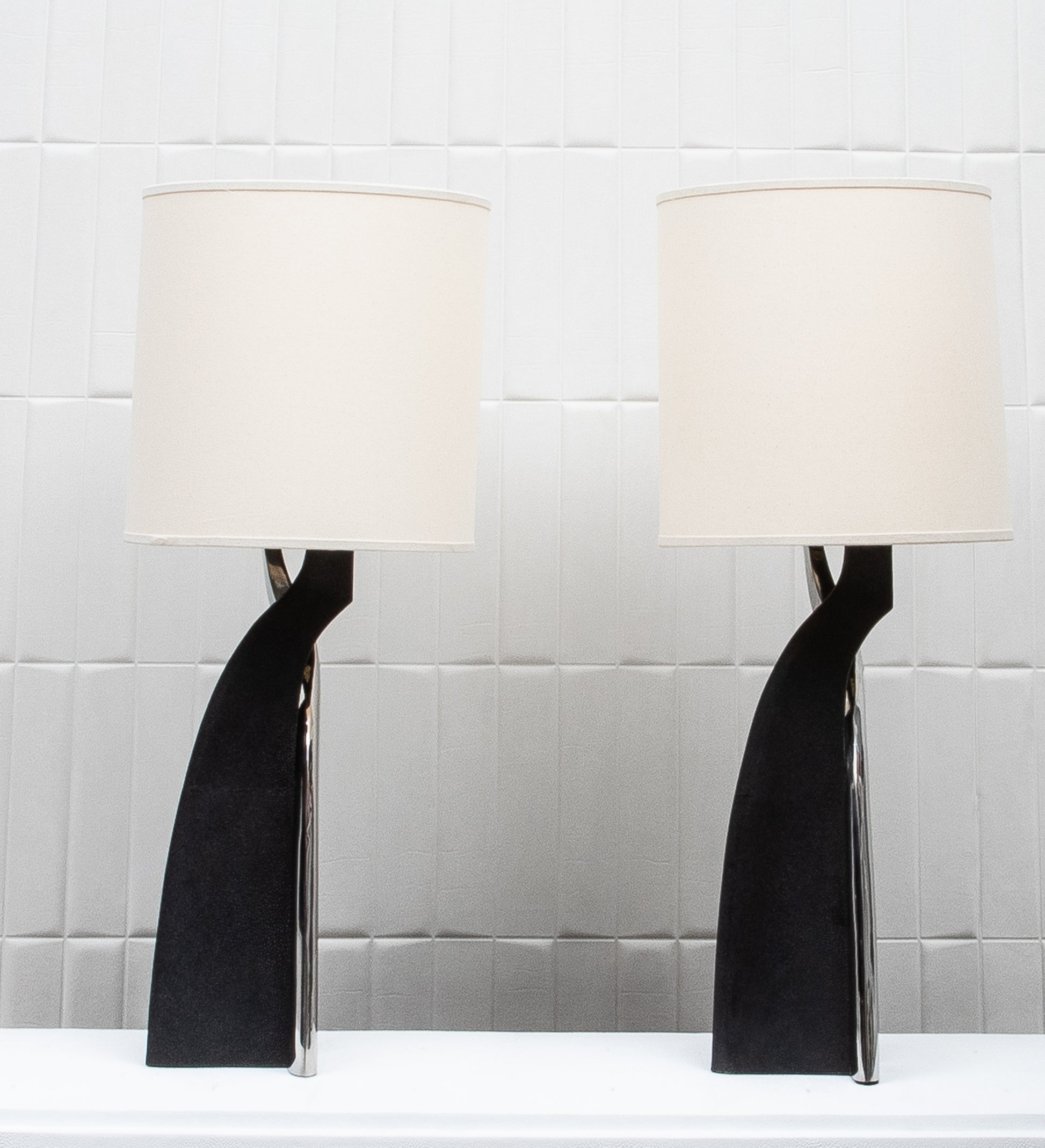 Pair of Modern Lamps in Black Shagreen with Polished Steel by Kifu Paris