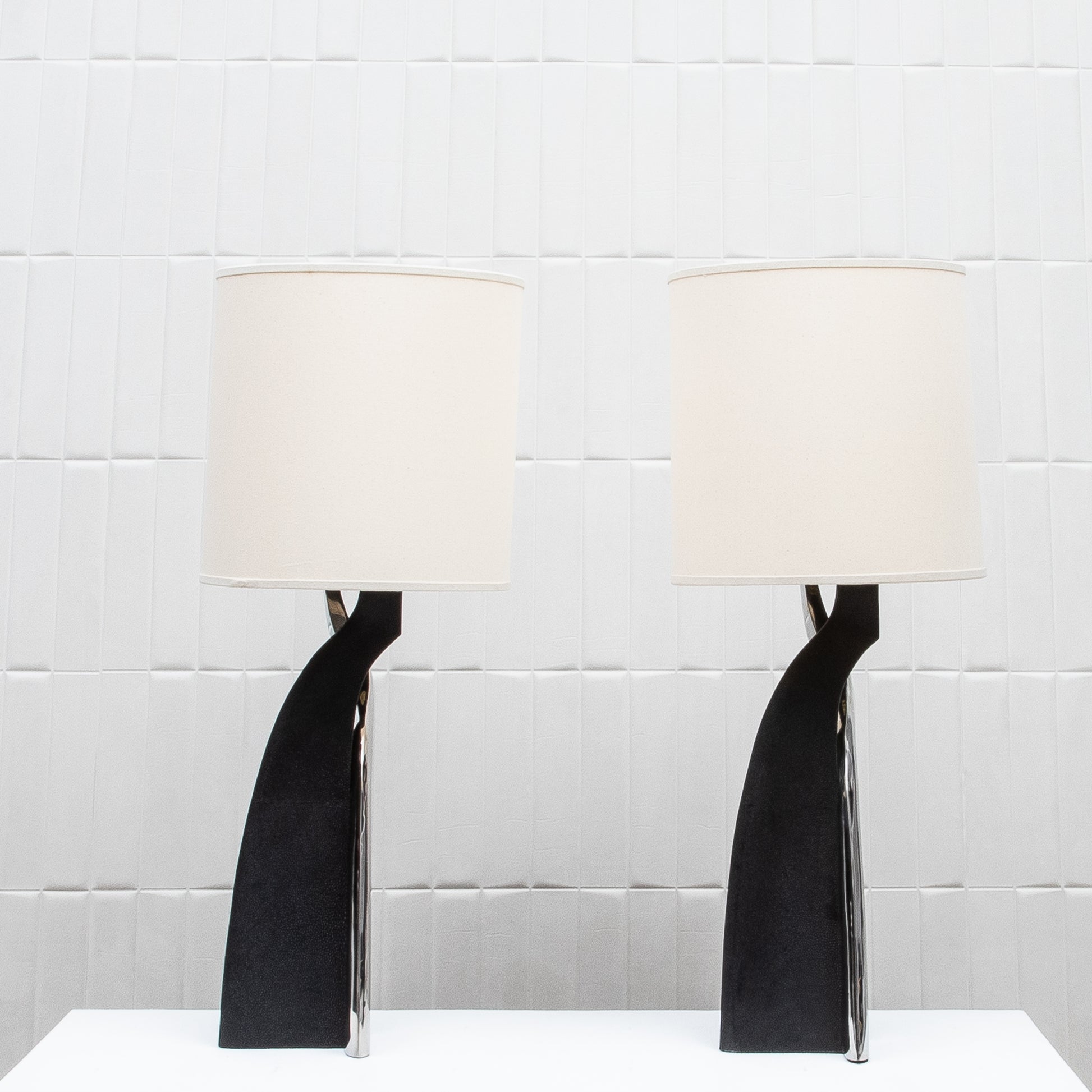 Pair of Modern Lamps in Black Shagreen with Polished Steel by Kifu Paris
