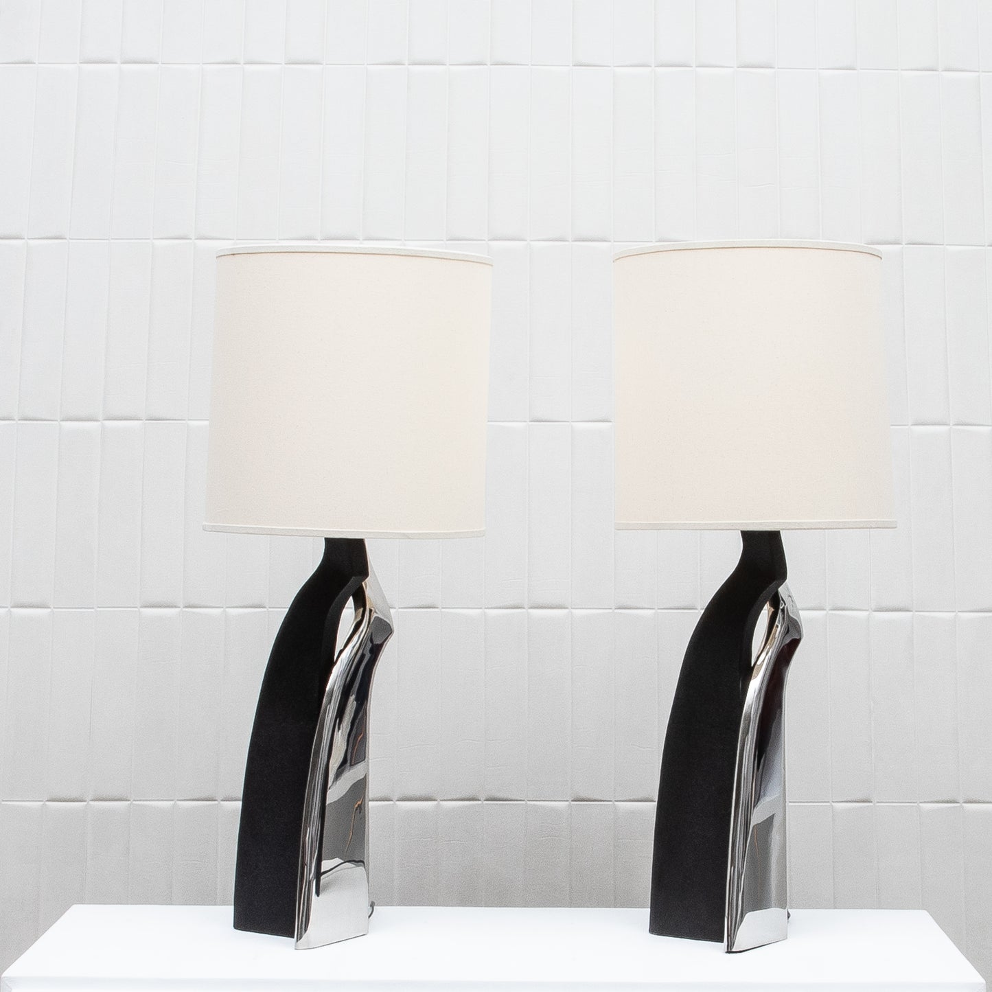Pair of Modern Lamps in Black Shagreen with Polished Steel by Kifu Paris