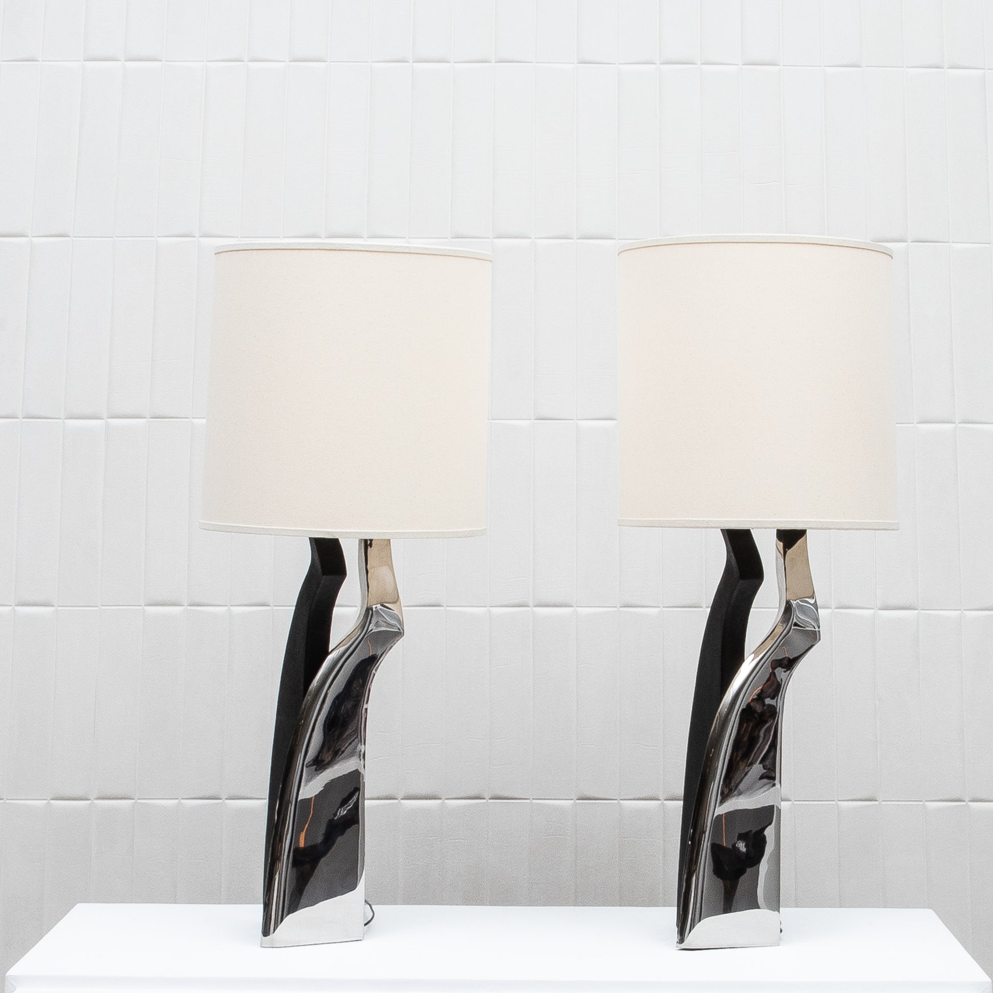 Pair of Modern Lamps in Black Shagreen with Polished Steel by Kifu Paris