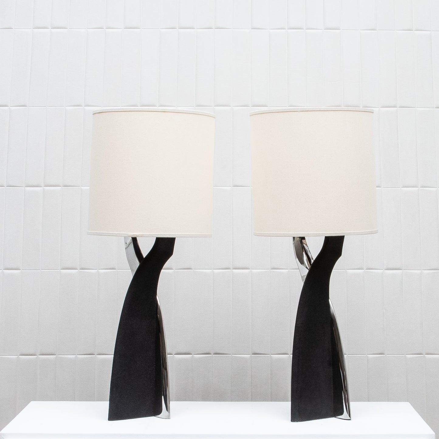 Pair of Modern Lamps in Black Shagreen with Polished Steel by Kifu Paris