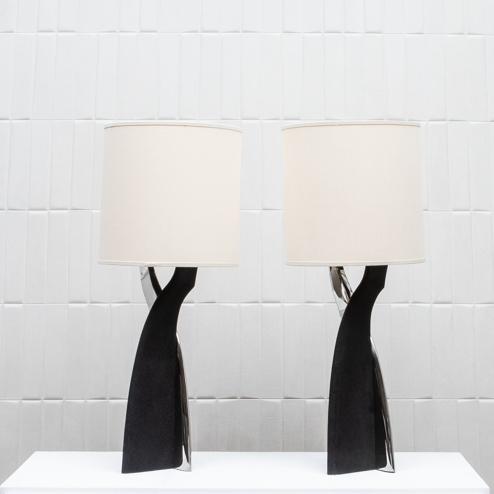 Pair of Modern Lamps in Black Shagreen with Polished Steel by Kifu Paris
