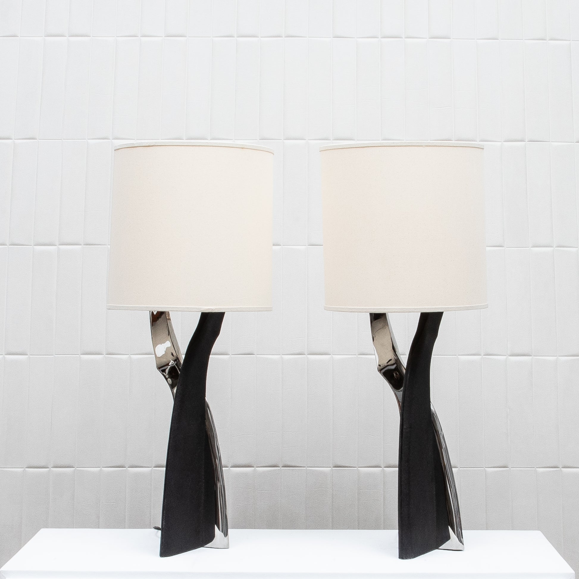 Pair of Modern Lamps in Black Shagreen with Polished Steel by Kifu Paris