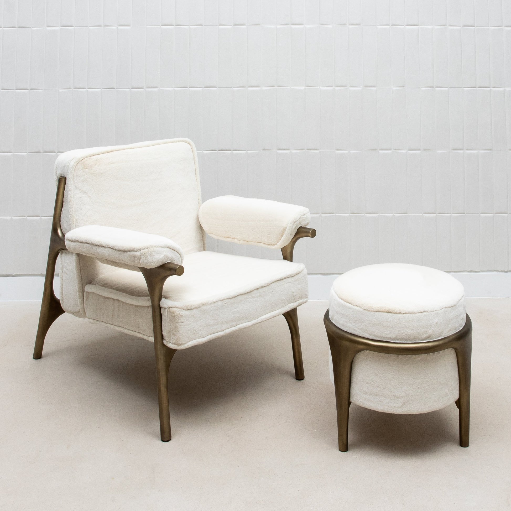 Ramo Armchair and Ottoman in Cream Faux Fur by R&Y Augousti