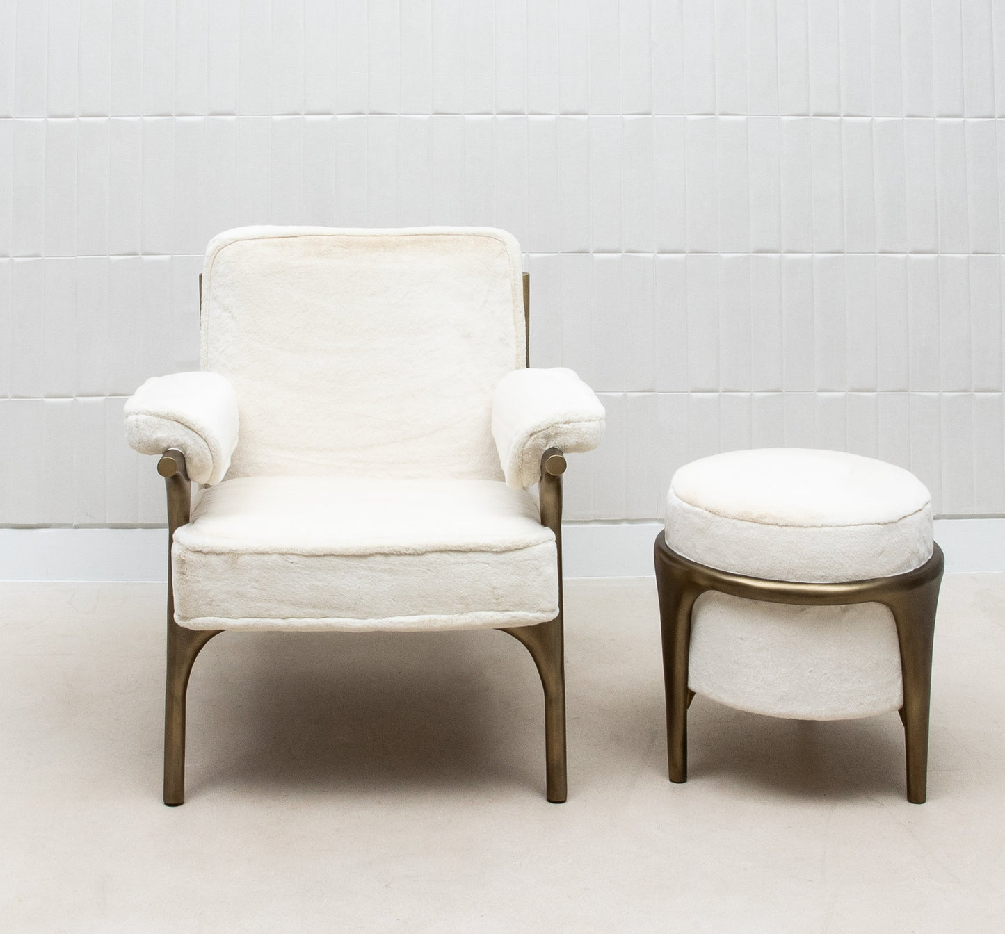 Ramo Armchair and Ottoman in Cream Faux Fur by R&Y Augousti
