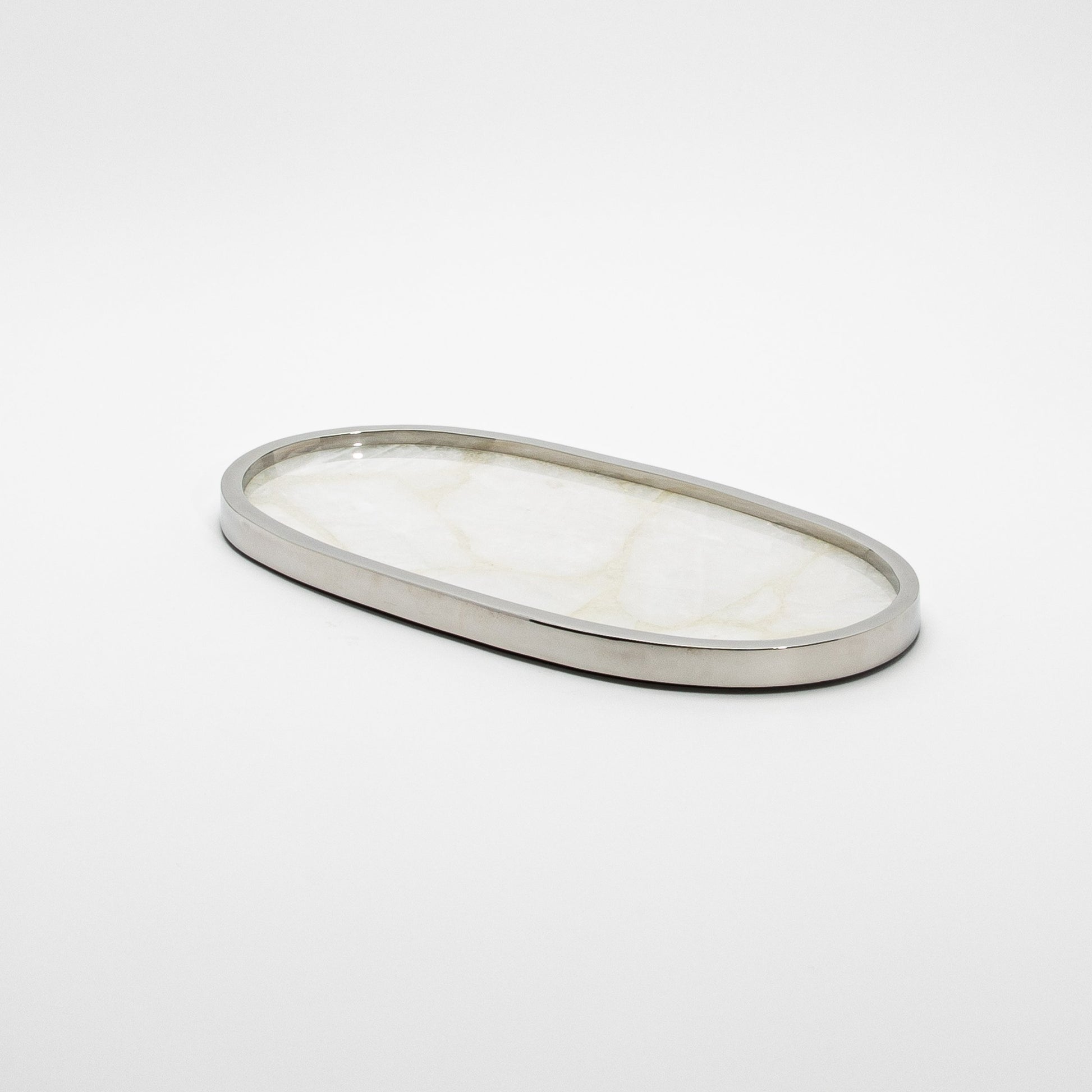 Oval Tray in White Quartz with Polished Stainless Steel by Kifu Paris