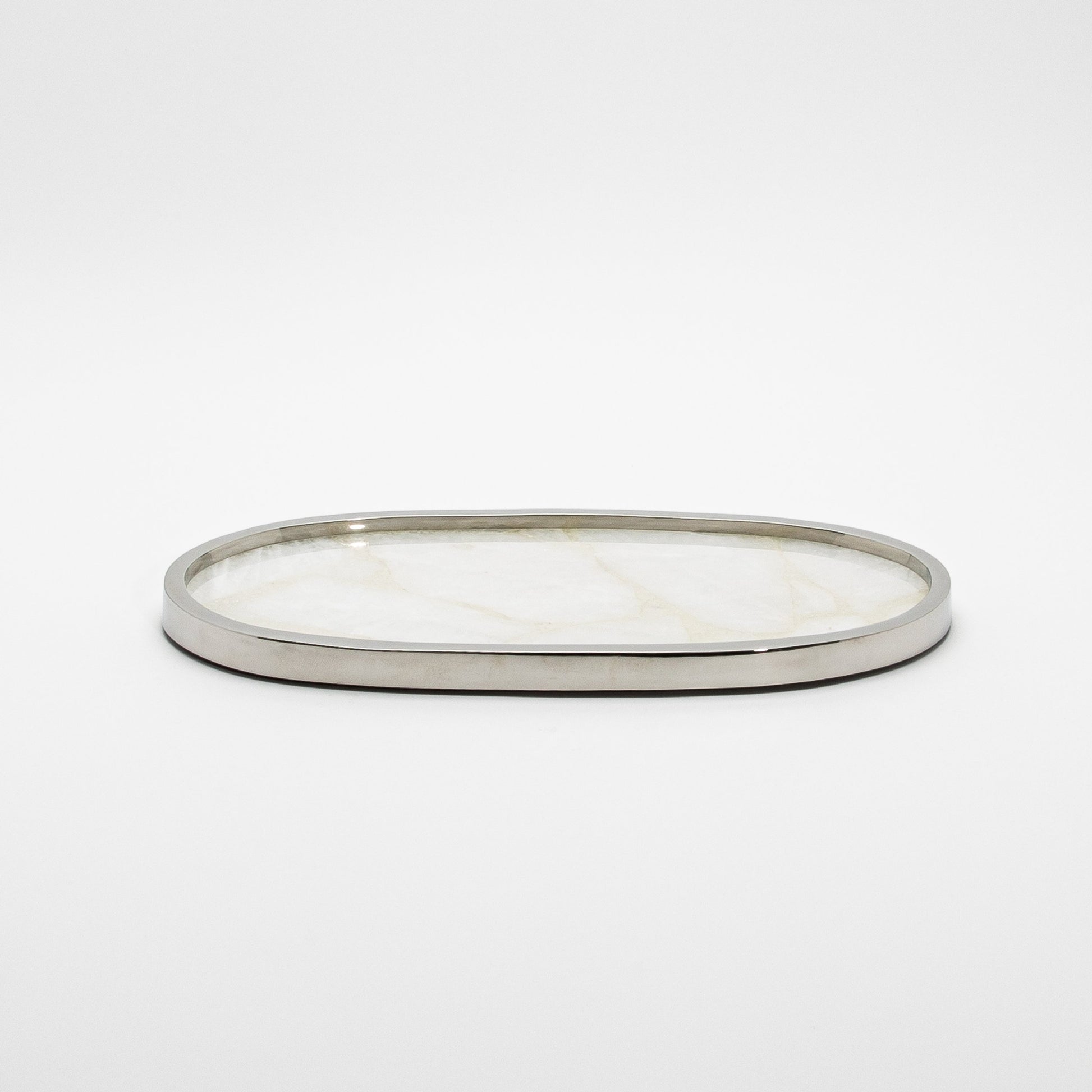 Oval Tray in White Quartz with Polished Stainless Steel by Kifu Paris