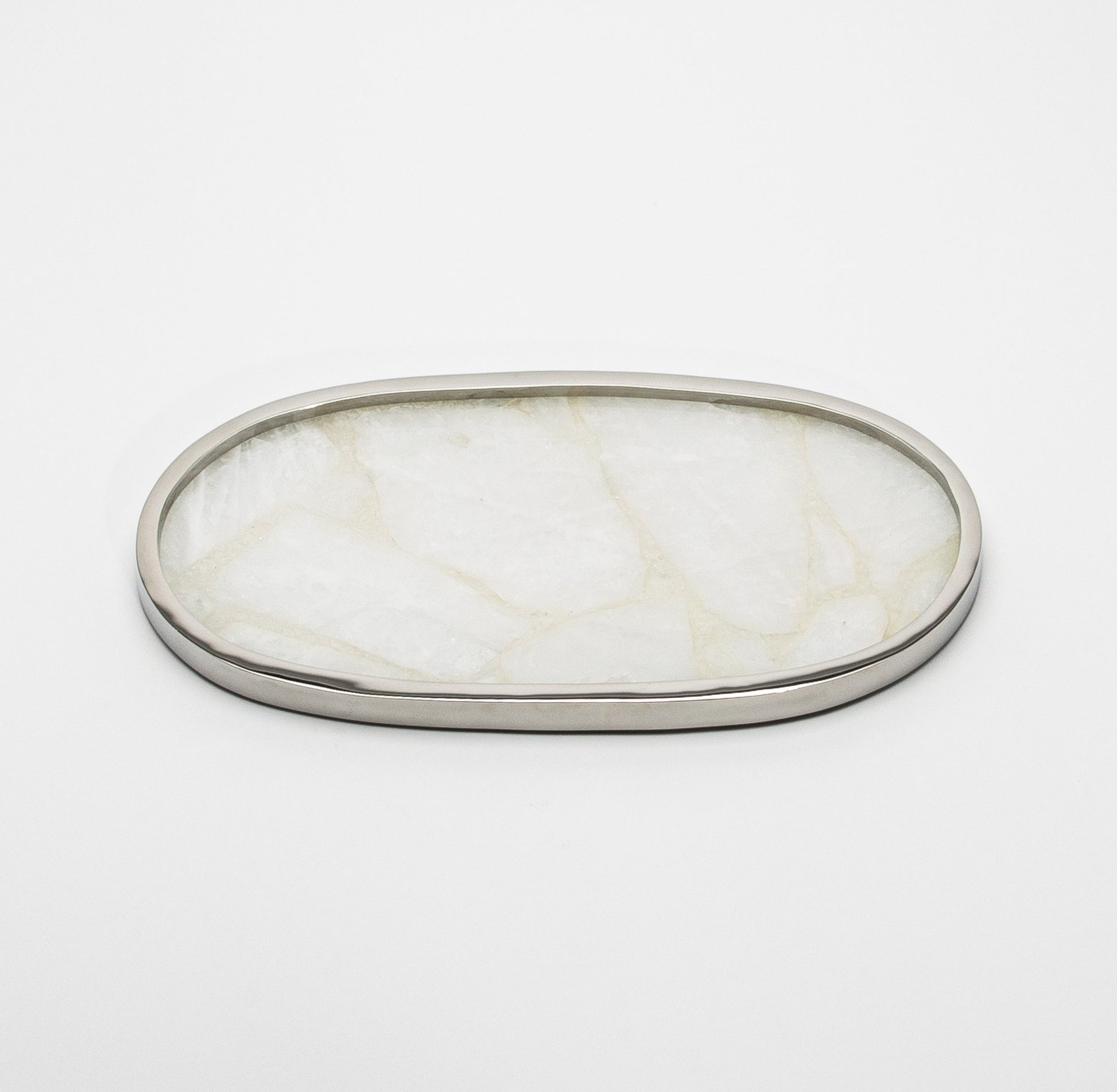 Oval Tray in White Quartz with Polished Stainless Steel by Kifu Paris