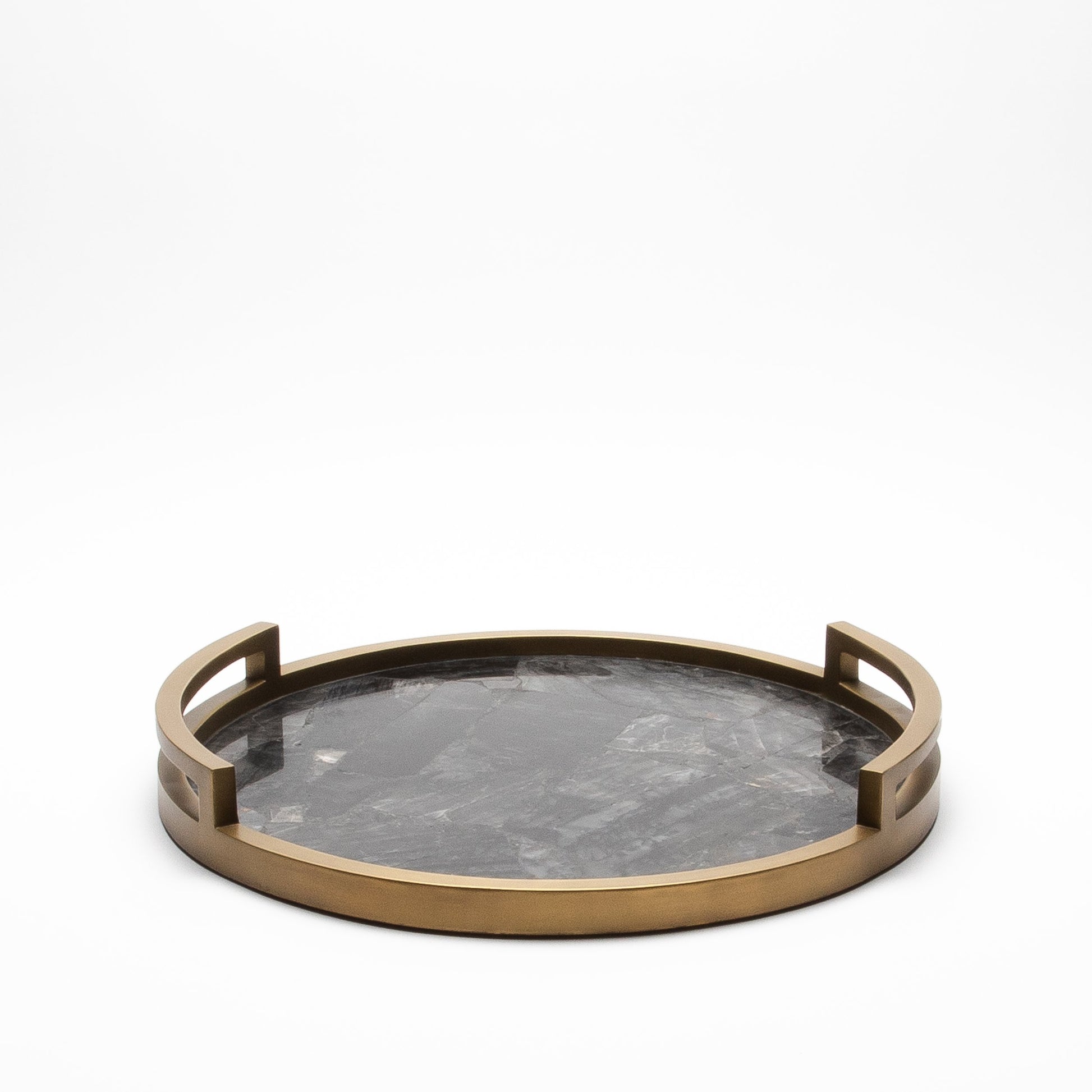Round Tray in Black Quartz with Bronze Patina Brass by R&Y Augousti