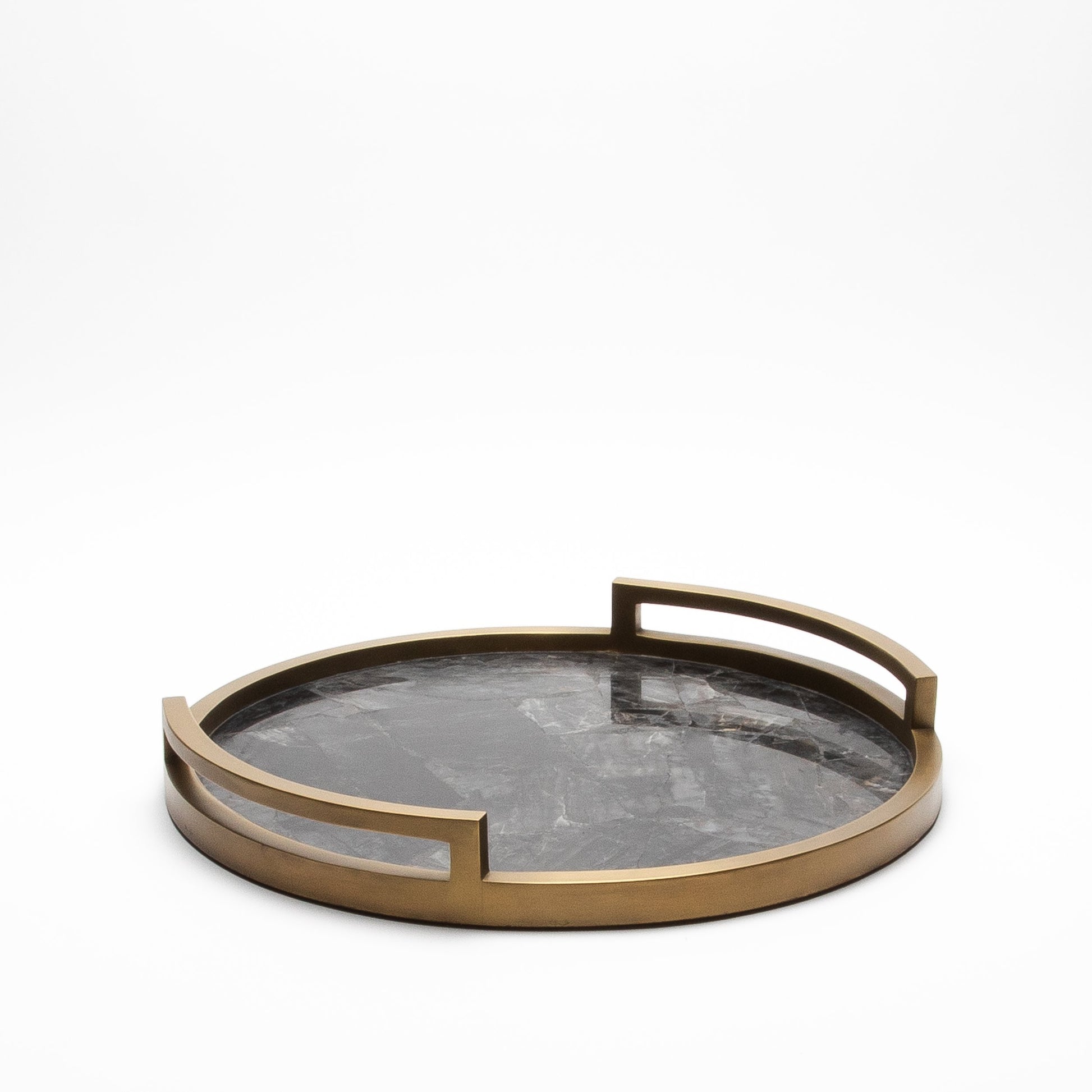 Round Tray in Black Quartz with Bronze Patina Brass by R&Y Augousti
