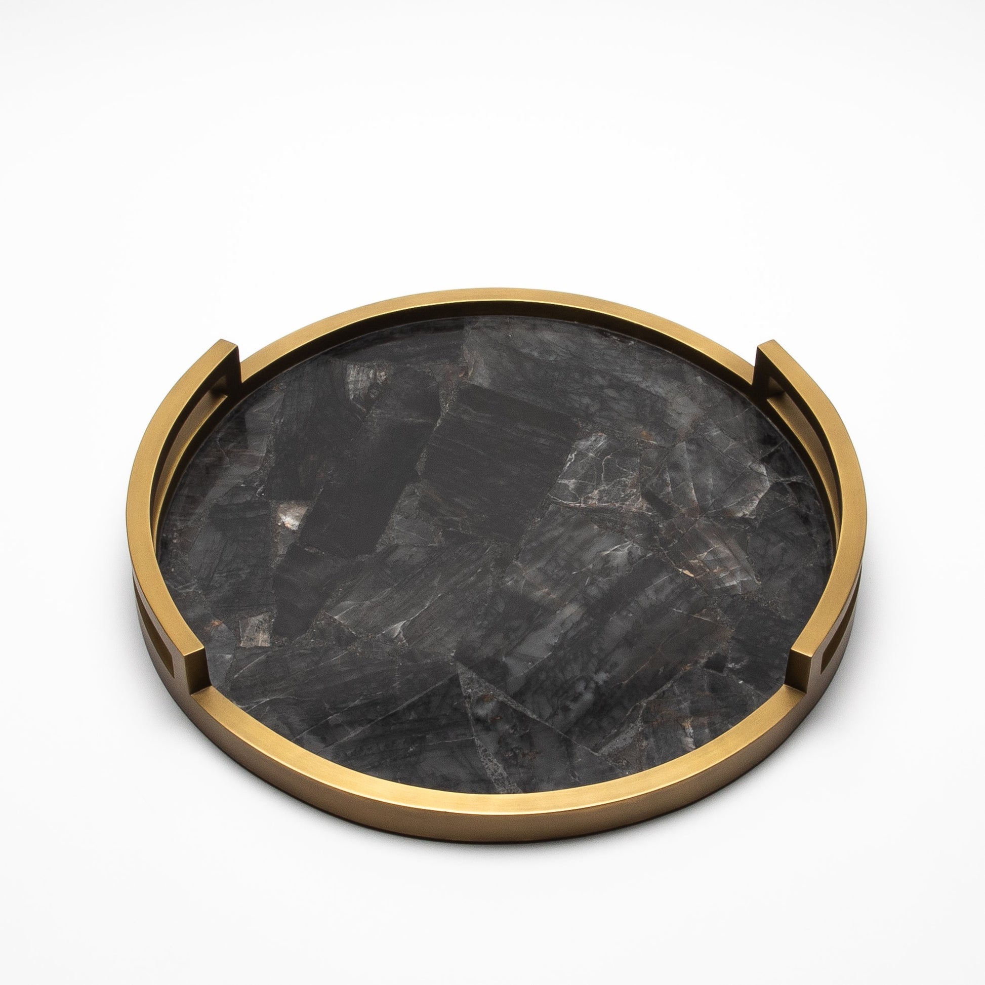 Round Tray in Black Quartz with Bronze Patina Brass by R&Y Augousti