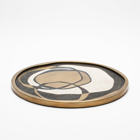 Round Shagreen Tray with Blue Pen Shell and Brass Inserts by R&Y Augousti