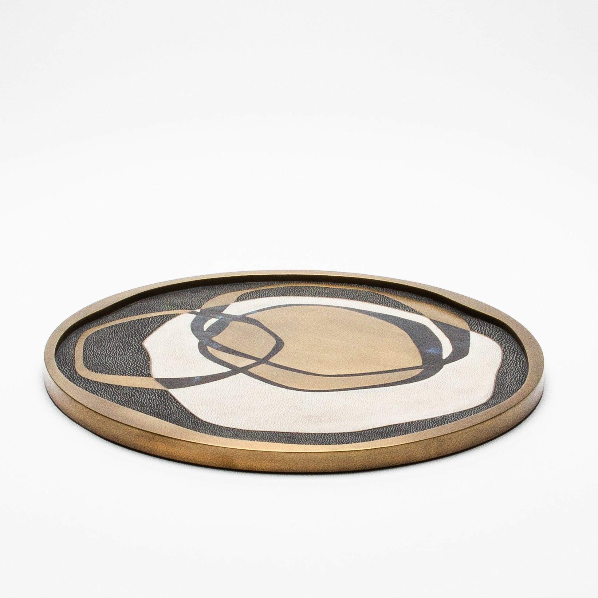 Round Shagreen Tray with Blue Pen Shell and Brass Inserts by R&Y Augousti