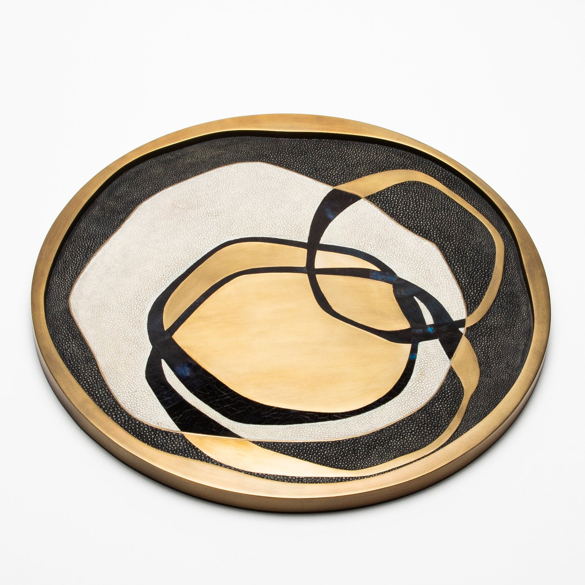 Round Shagreen Tray with Blue Pen Shell and Brass Inserts by R&Y Augousti