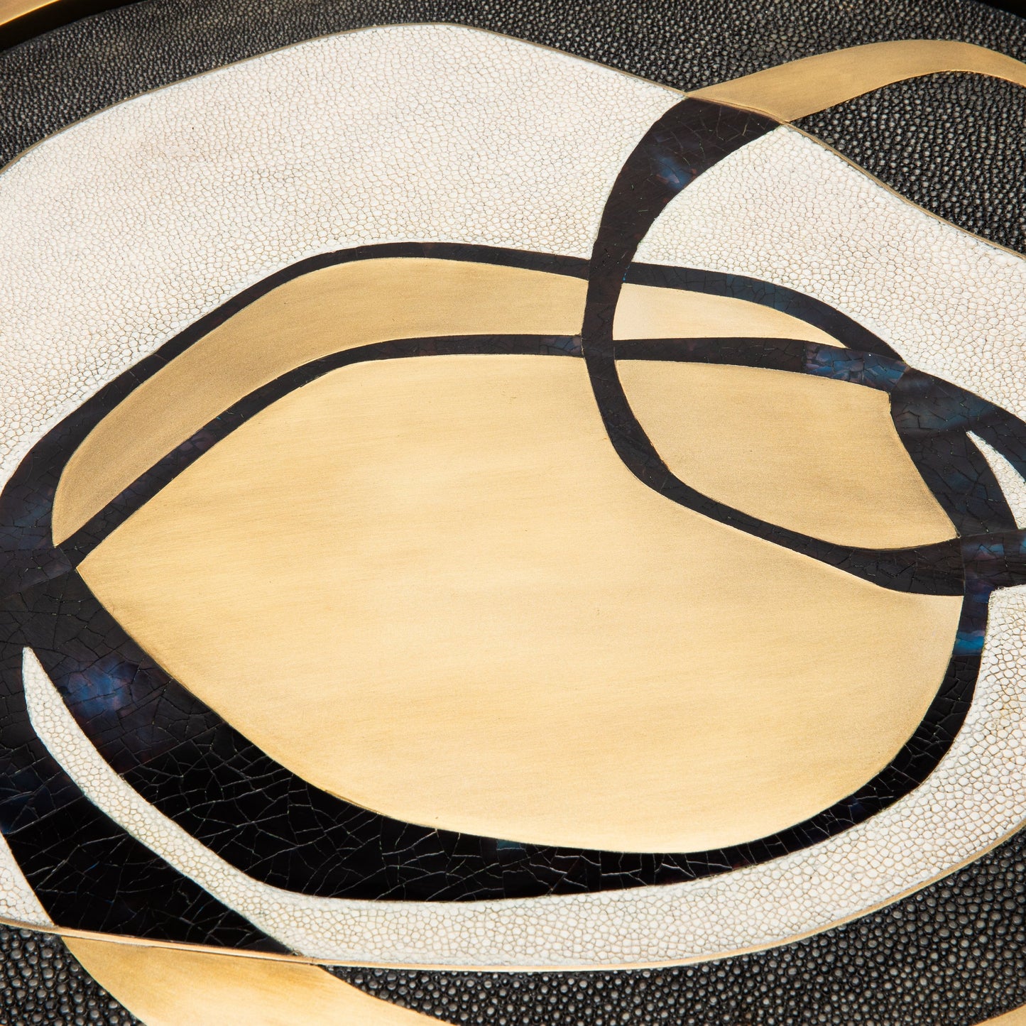 Round Shagreen Tray with Blue Pen Shell and Brass Inserts by R&Y Augousti