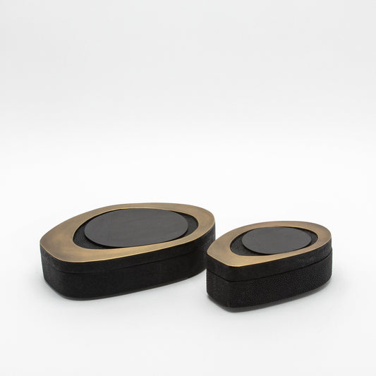 Set of 2 Boxes in Black Shagreen with Shell and Bronze Patina Brass Details by R&Y Augousti