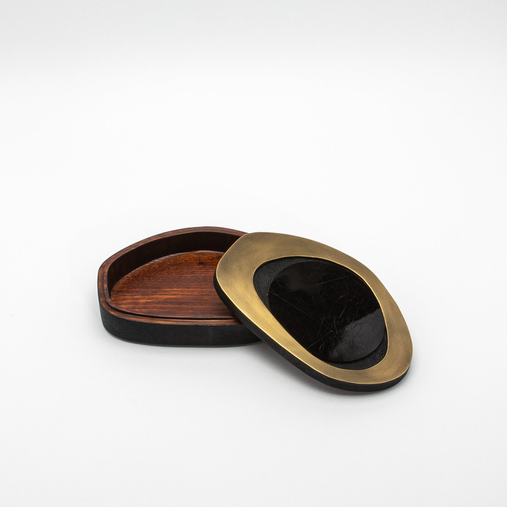 Set of 2 Boxes in Black Shagreen with Shell and Bronze Patina Brass Details by R&Y Augousti