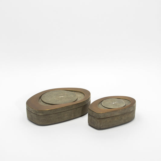 Set of 2 Boxes in Grey Shagreen with Bronze Patina Brass by R&Y Augousti